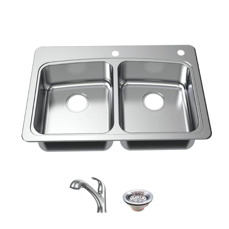 Photo 1 of ***USED - LIKELY MISSING PARTS - UNABLE TO VERIFY FUNCTIONALITY***
33 in. Drop-in 50/50 Double Bowl 20 Gauge Stainless Steel Kitchen Sink with Pull-Out Faucet
