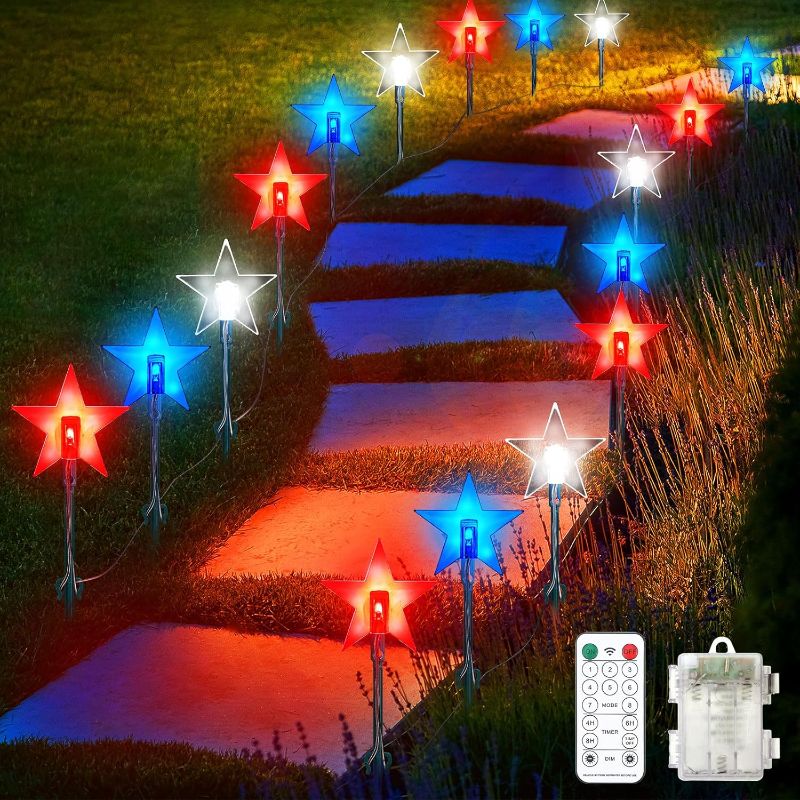 Photo 1 of *2 PACK*
18 Pcs 4th of July Decorations Outdoor Star Stake Lights LED White Red Blue Pathway Lights Battery Operated Patriotic Lawn Light with Remote Control Waterproof Memorial Day Independence Day Yard Decor
