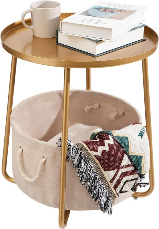 Photo 1 of (READ FULL POST) danpinera Round Side Table with Fabric Storage Basket, Metal Side Table Small Bedside Table Nightstand 