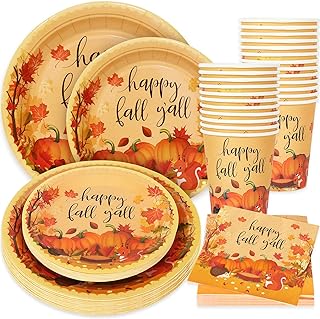 Photo 1 of 200 Pcs Thanksgiving Fall Party Supplies Dinnerware Set Include 50 Paper Dinner Plates 50 Dessert Plates 50 Disposable 9 oz Cups 