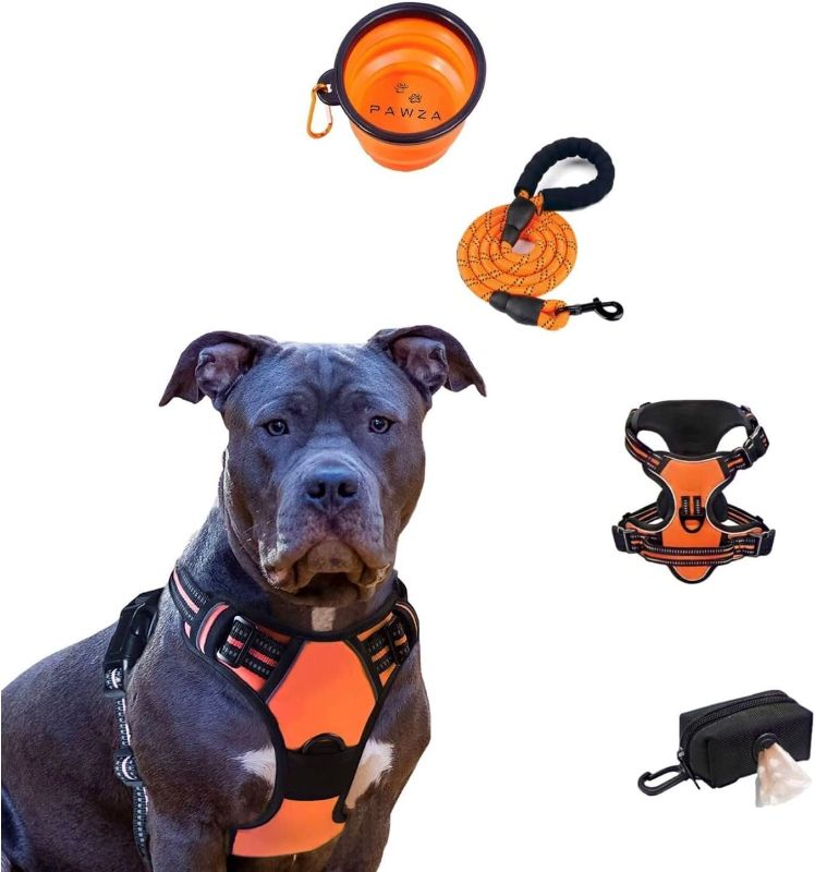 Photo 1 of **BLUE/SEE PICS**PAWZA Reflective Step in Fully Adjustable Dog Harness Vest & Leash Set Kit with Easy Control Handle Plus Collapsible Clip-On Dog Bowl & Free Potty Bag with Dispenser Holder for Large Dog