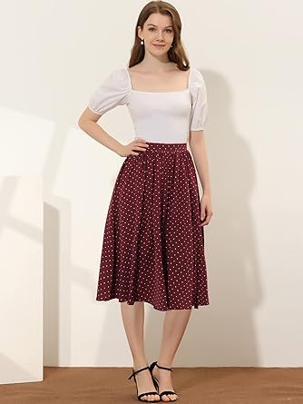 Photo 1 of Allegra K Women's Valentine's Day Date Dinner Flowy A-Line Elastic Waist Flare Swing Midi Skirt X-Small Wine Red