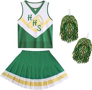 Photo 1 of Chrissy Cheerleader Costume for Girls Stranger Hawkins Tigers Cheerleading Outfits Cosplay S4 Green Halloween Costumes 9-10 Years Green Top and Skirt