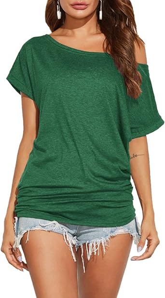 Photo 1 of **STOK PHOTO FOR REFERENCE**TNTIYO Short Sleeve Shirts For Women Oversized Off The Shoulder Tops Boat Neck Plain Tunic Green Medium