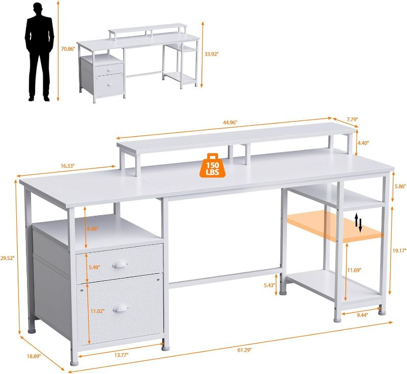 Photo 3 of (NON-REFUNDABLE) Furologee 61" Computer Desk with Fabric File Cabinet & Drawer, Reversible White Desk with Storage Shelf, Office Desk with Long Monitor Stand, Writting Desk Workstation, for Home/Office/White
