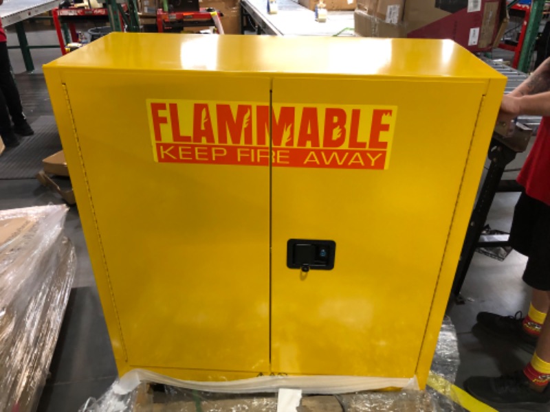 Photo 7 of 
Eagle 30 Gallon Steel Flammable Liquid Storage Cabinet, 1 Shelf, 2 Manual Closing Doors for Gasoline Storage, Yellow, 1932X