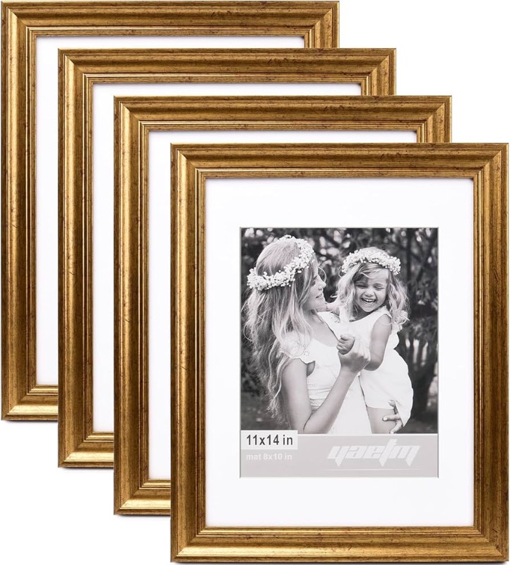 Photo 1 of **STOCK PHOTO FOR REFERENCE ONLY**GREEN FRAME***Yaetm 11x14 Gold Picture Frame with Mat for 8x10 Set of 4, 1.4" Wide Molding & Rustic Golden Picture Frames 11 x 14 with HD Tempered Glass, Gallery Wall Frame Set for Wall Mounting (4 pack,GREEN