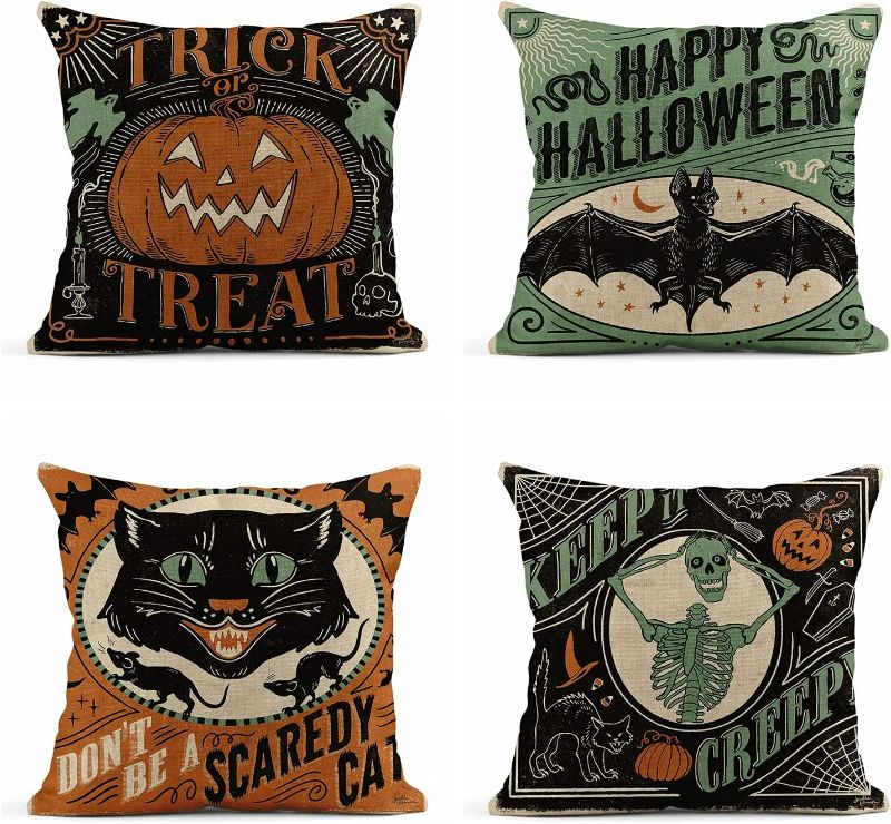 Photo 1 of 
rouihot Set of 4 Linen Throw Pillow Covers 18x18 Inch Vintage Halloween Scaredy Cats Pumpkins Skeletons Home Decor Pillowcase Square