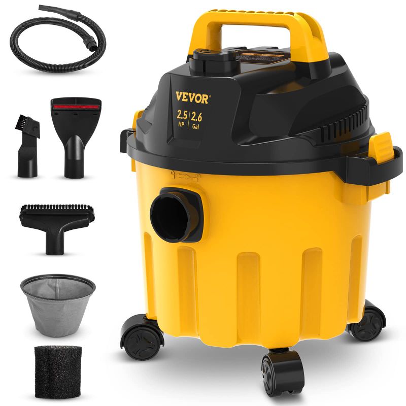 Photo 1 of **DAMAGE / PARTS ONLY**
VEVOR Wet Dry Vac, 2.6 Gallon, 2.5 Peak HP, 3 in 1 Shop Vacuum with Blowing Function, Portable with Attachments to Clean Floor, Upholstery, Gap, Car, ETL Listed, Black/Yellow