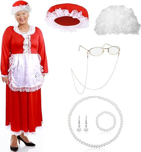 Photo 1 of Laumoi 7 Pcs Women Santa Costume Set Christmas Claus Suit Dress Include Hat Wig Glasse Pearl Bracelet Necklace Earring
