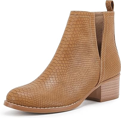 Photo 1 of LAICIGO Women's V Cut Ankle Booties Low Stacked Heel Closed Toe Perforated Slipon Faux Leather Western Boots SIZE 8 LIGHT BROWN