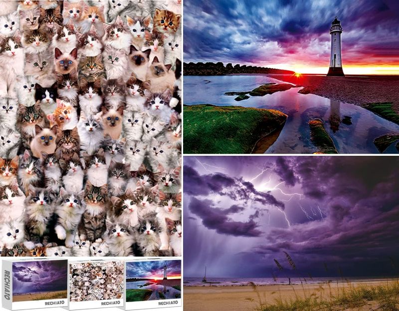 Photo 1 of 3 Pack 1000 Pieces Kitten & Purple Lightning & Sunset Lighthouse Puzzle, Jigsaw Puzzles for Adults 1000 Pieces and Up, Cat Puzzle Gifts for Women & Mom
