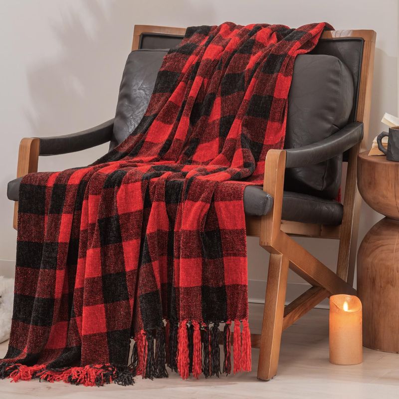 Photo 1 of (READ FULL POST) EVERGRACE Buffalo Plaid Chenille Throw Blanket for Couch, Super Soft Cozy Checkered Throw with Tassels, Lightweight Chenille Knit Throw for Bed Sofa Gift Home Decor, Plaid Red & Black 60”x80”
