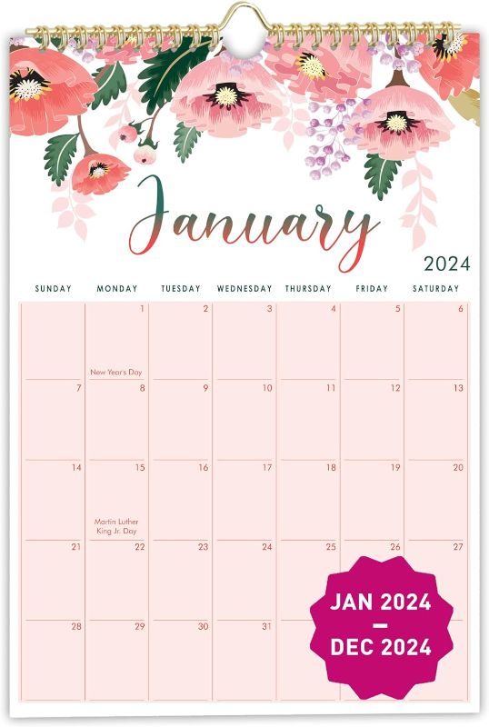 Photo 1 of 2024 Wall Calendar, 12" X 17", 12 Monthly Calendar from Jan 2024 till Dec 2024, Spiral Bound for Office, Home, Family,Business, School Appointment Planning
