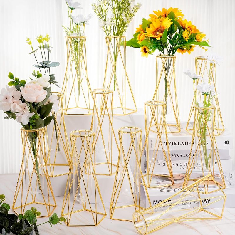 Photo 1 of 12 Pcs Gold Geometric Vase for Centerpieces Glass Vase with Metal Stand Hydroponic Plant Flower Vase Modern Vase for Wedding Home Office Centerpiece Decor (8.7 Inch)
