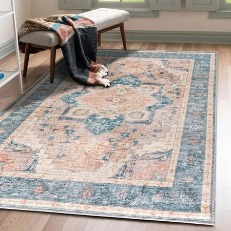 Photo 1 of Vernal Peoria Machine Washable Non Shedding Non Slip Area Rug for Living Room Bedroom Dining Room Hallway Kitchen Pet Friendly Teal/Cream/oran
