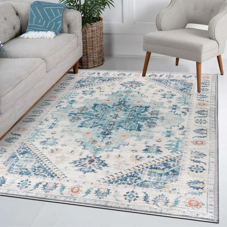 Photo 1 of 5'7" X 9' Feet Vernal Milagros Machine Washable Non Shedding Non Slip Area Rug for Living Room Bedroom Dining Room Hallway Kitchen Pet Friendly Teal/cream/ye
