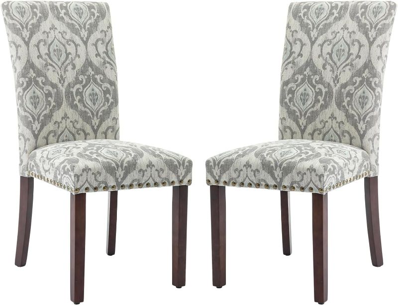 Photo 1 of (READ FULL POST) 2 CHAIRS - COLAMY Upholstered Parsons Dining Chairs Set of 2, Fabric Dining Room Kitchen Side Chair with Nailhead Trim and Wood Legs, Grey/White Flower Grey/White Flower Set of 2