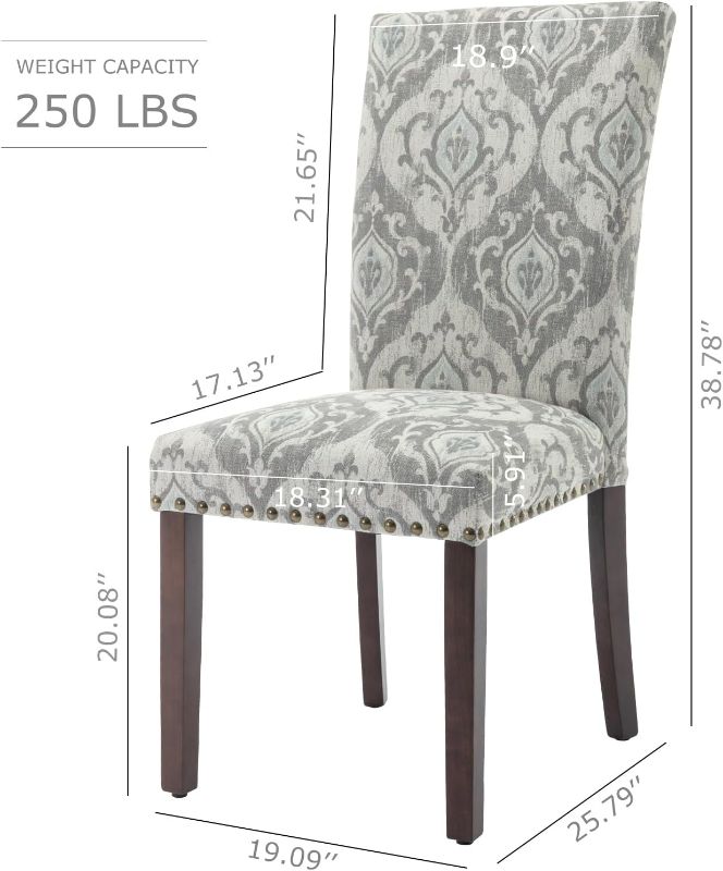 Photo 4 of (READ FULL POST) 2 CHAIRS - COLAMY Upholstered Parsons Dining Chairs Set of 2, Fabric Dining Room Kitchen Side Chair with Nailhead Trim and Wood Legs, Grey/White Flower Grey/White Flower Set of 2