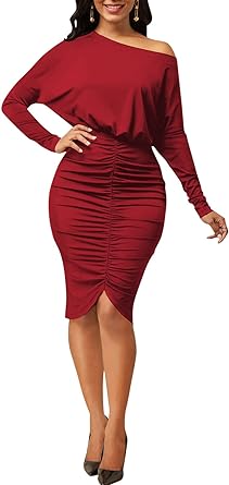 Photo 1 of ***SIZE XXL***LalaLin Women's Sexy Long Sleeve Dress One Sleeve Shoulder Ruched Solid Color Casual Formal Bodycon Midi Dresses 