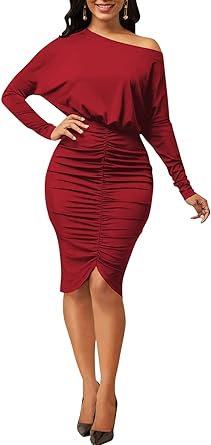 Photo 1 of ***SIZE XXL****LalaLin Women's Sexy Long Sleeve Dress One Sleeve Shoulder Ruched Solid Color Casual Formal Bodycon Midi Dresses Small 00red