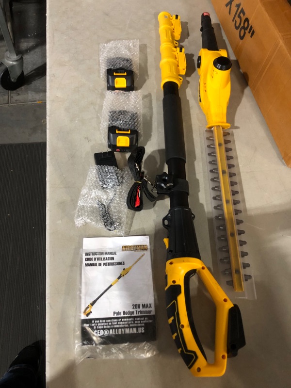 Photo 2 of ***USED**DIRTY*MINOR DAMAGE (WEAR) ON BLADES***
Alloyman 20V MAX 8 Feet Telescoping Pole Hedge Trimmer, with 2 Packs 2.0Ah Batteries & Charger