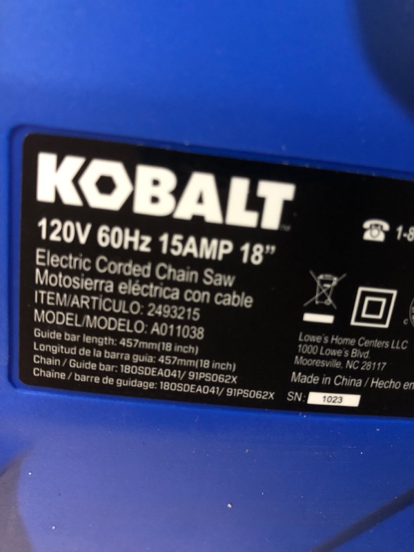 Photo 3 of Kobalt A011038 18-in Corded Electric 15 Amp Chainsa