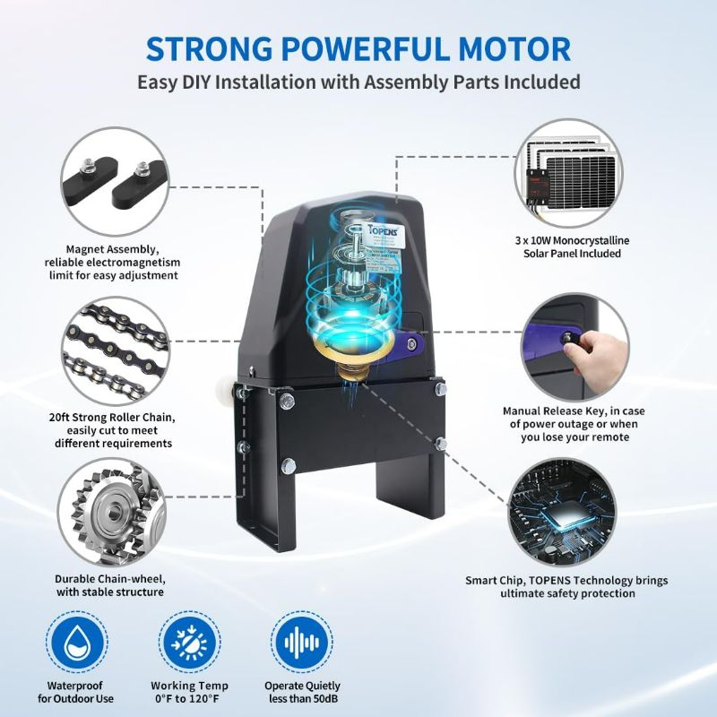 Photo 5 of (READ FULL POST) TOPENS DKC1100S Solar Sliding Gate Opener Chain Drive Automatic Gate Motor for Heavy Driveway Slide Gates Up to 2600 Pounds, Electric Gate Operator Battery Powered with Solar Panel Remote Control Kit
