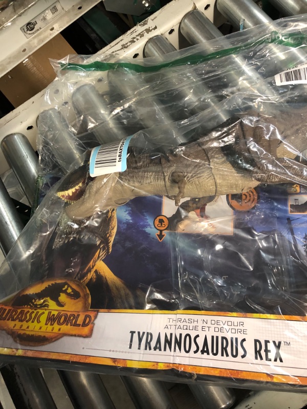 Photo 3 of ?Jurassic World Dominion Dinosaur T Rex Toy, Thrash ‘N Devour Tyrannosaurus Rex Action Figure 