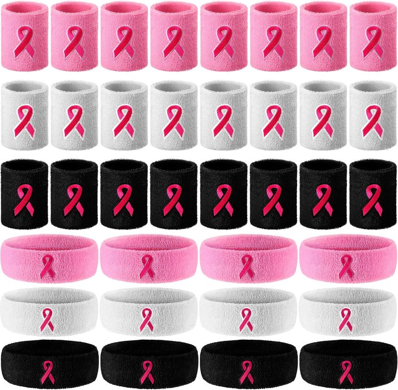 Photo 1 of 36 Pcs Breast Cancer Awareness Sweatbands Set Pink Ribbon Awareness Sport Headbands Includes 24 Pcs Athletic Wrist Bands 12 Pcs Head Sweat Bands for Women Awareness Month Pink, Black, White