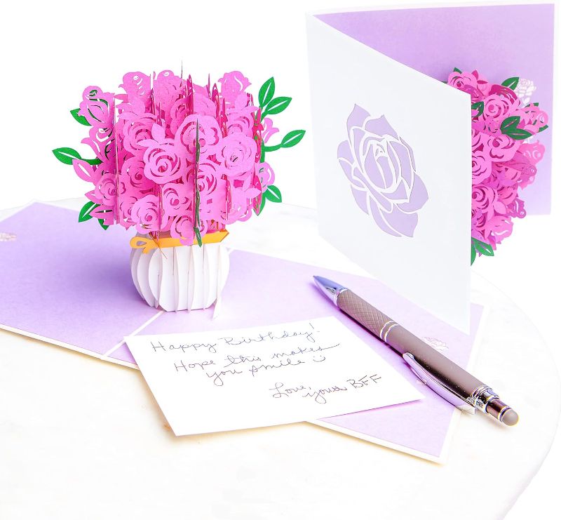 Photo 1 of PopLife Pink Roses Pop Up Mother's Day Card - 3D Happy Anniversary, Bouquet Pop Up, Valentine's Day Card, Happy Birthday, Engagement - for Mom, for Daughter, for Wife, for Sister