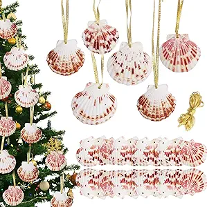 Photo 1 of 36 Pieces Seashell Christmas Ornaments Wooden Christmas Themed Hanging Ornaments White Brown with Drilled Hole Rope for Christmas Tree Wedding Party Decor DIY Nautical Beach Craft Supplies