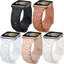 Photo 1 of 5 Pack Leopard Engraved Silicone Watch Bands Compatible with Apple Watch Band 40mm 44mm 41mm 38mm 45mm 42mm 49mm Women Men,Waterproof Cheetah Sport Strap Wristbands for iWatch Ultra Series 8 7 SE 6 5