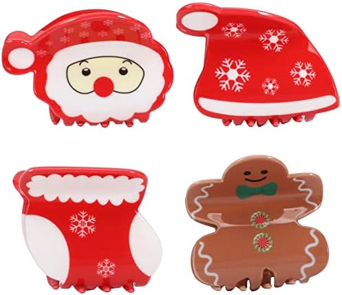 Photo 1 of 4 Pack Christmas Hair Claw Clips for Women Girls Thin Thick Curly Hair Snowman Xmas Stockings Snowflake Santa Claus Hat Strong Hold Jaw Hair Clips
