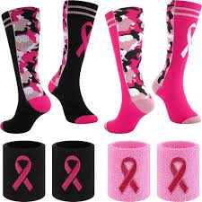 Photo 1 of 6 Sets Breast Cancer Awareness Accessories Include 6 Pcs Sweatband 6 Pair Breast Cancer Awareness Socks 6 Pair Pink Ribbon Wristbands for Women Breast Cancer Awareness Tennis Basketball Athletic