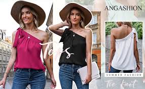 Photo 1 of Angashion Women's Summer Tops Casual One Shoulder Short Sleeves Blouses Sleeveless Tie Knot Asymmetrical Hem Tee Shirt X-Large 2146pink