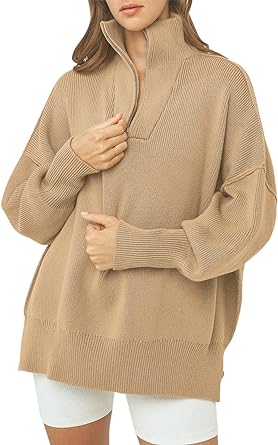 Photo 1 of Caracilia Womens Oversized Sweaters  Quarter Zip Collar Long Sleeve Drop Shoulder Rib Knit Casual Slouchy Pullover Tops Small Apricot 