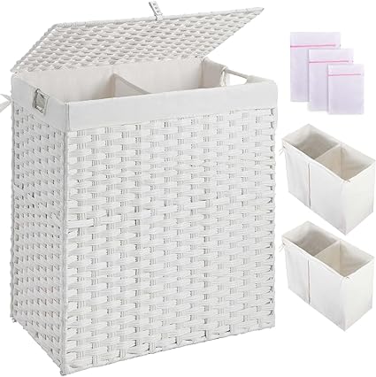 Photo 1 of ***DAMAGED - SLASHED - SEE PICTURES***
GREENSTELL Laundry Hamper with lid, No Install Needed, 110L Wicker Laundry Baskets Foldable 2 Removable Liner Bags, 2 Section Clothes Hamper Handwoven Rattan Laundry Basket with Handles, White