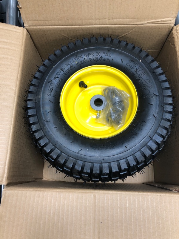 Photo 2 of (2 Pack) AR-PRO Exact Replacement 15" x 6.00-6" Front Tire and Wheel Assemblies for John Deere Riding Mowers - Compatible with John Deere 100 and D100 Series - 3” Centered Hub and 3/4” Bushings 15 x 6.00-6" Yellow