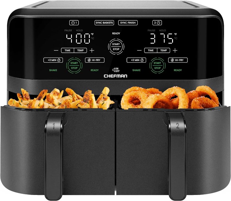 Photo 1 of **NOT EXACT SAME AS STOCK PHOTO** Chefman 6 Quart Dual Basket Air Fryer - Digital Touchscreen, Smart Sync Finish, Hi-Fry, Auto Shutoff, 2 Independent 3QT Nonstick Dishwasher-Safe Frying Baskets - Digital Double Air Fryer - Black