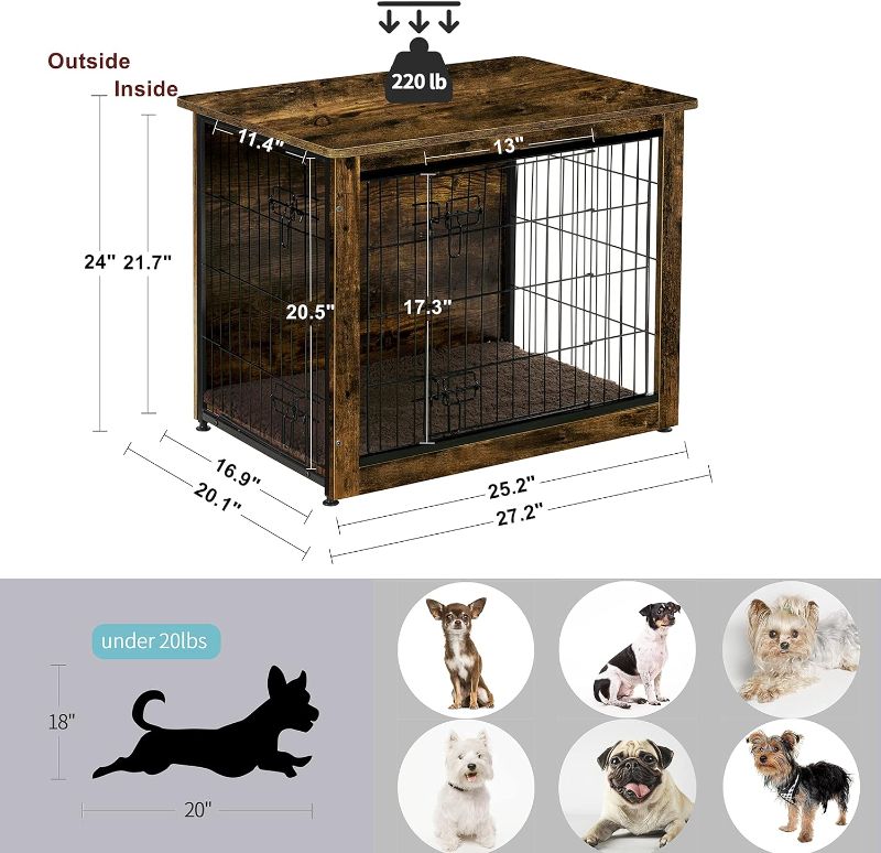 Photo 7 of (READ FULL POST) DWANTON Dog Crate Furniture with Cushion, Wooden Dog Crate with Double Doors, Dog Furniture, Dog Kennel Indoor for Small/Medium/Large Dog?End Table, Small, 27.2" L, Rustic Brown
