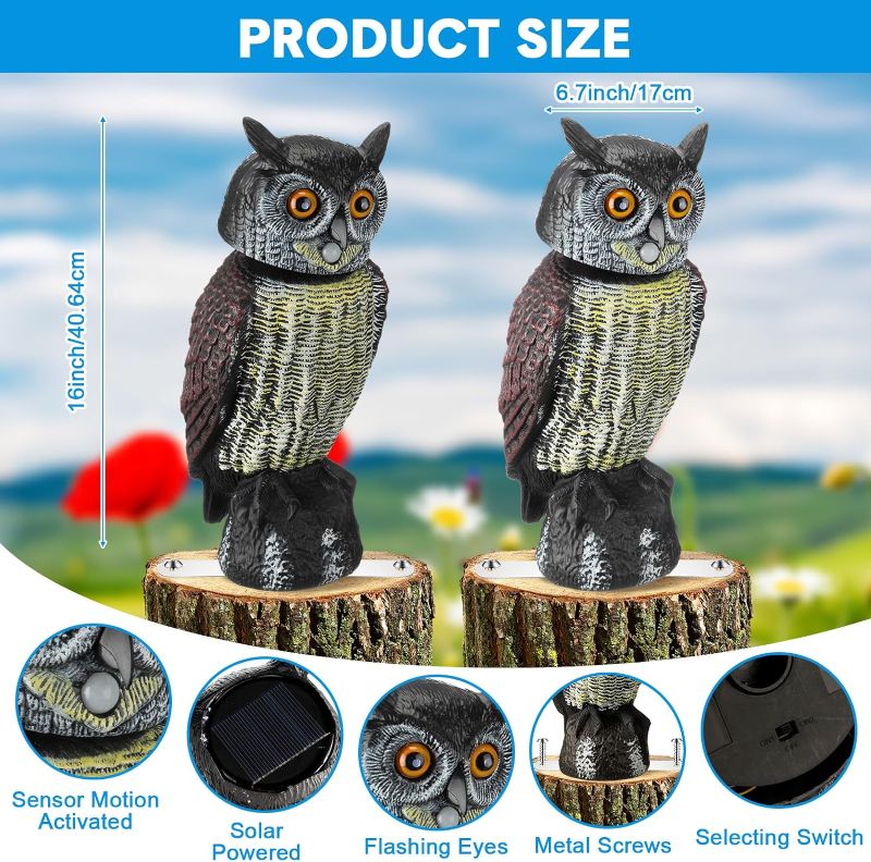Photo 3 of (READ FULL POST) 2 Pcs Solar Powered Fake Owl Animal Decoy Bird Scarecrow 180 Degree Rotation Head Waterproof Bird Repellent Light up Eyes and Owl Sound Realistic Look Highly Sensitive Motion Sensor Detects
