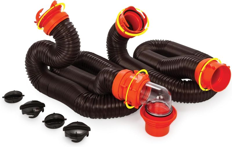 Photo 1 of ??Camco RhinoFLEX 20' Camper/RV Sewer Hose Kit - Includes 4-in-1 Adapter, Clear Elbow, & Caps - Connects to 3? Slip & 3?, 3 1/2?, 4? NPT Threaded Sewer Connections (39742)
