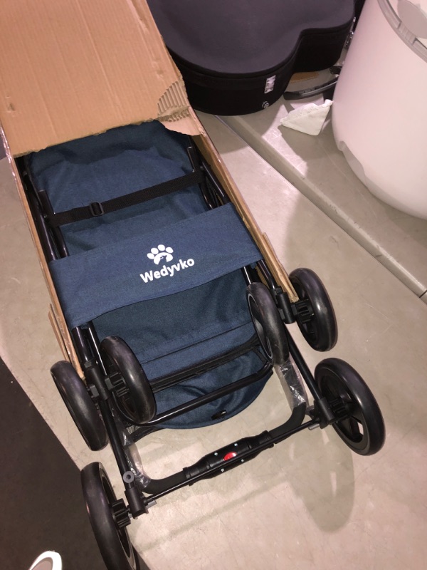 Photo 3 of (READ FULL POST) Pet Dog Stroller, Four Wheels Cat Dog Stroller with Storage Basket, Handle 360° Front Wheel Rear Wheel with Brake for Small Medium Dogs Cats Travel Folding Carrier Stroller (Navy Blue)
