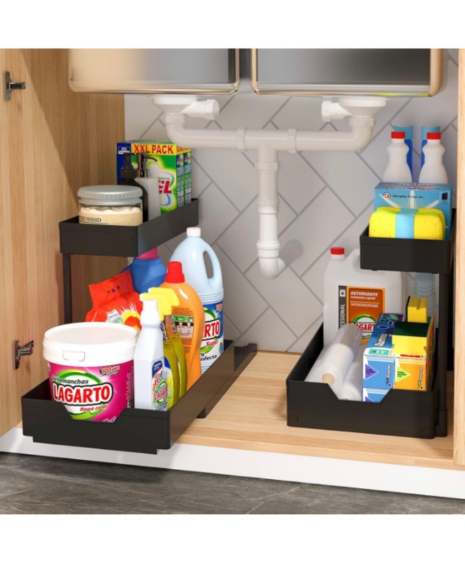 Photo 1 of 2 Pack Under Sink Organizers and Storage, 2 Tier Pull Out Cabinet Organizer Sliding Cabinet Basket Organizer Bathroom Kitchen Storage with Siding Drawers Multi-Purpose Office Organization and Storage