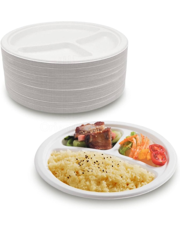 Photo 1 of 100% Compostable 10 Inch 3 Compartment Heavy-Duty [125-Pack] Eco-Friendly Disposable White Bagasse Plate, Made of Natural Sugarcane Fibers - 10” Biodegradable Paper Plates