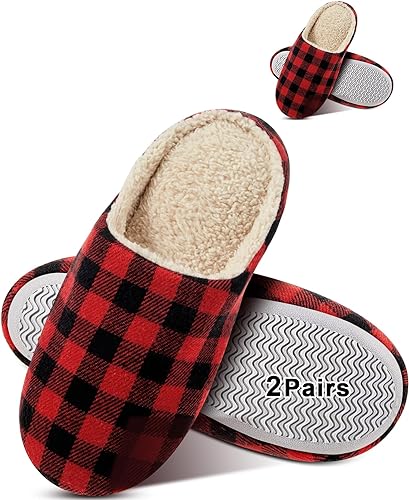 Photo 1 of 2 Pairs Fuzzy Winter Buffalo Plaid Slippers Soft Plush Checked Slipper Anti Slip Warm Cozy Slippers for Women Men