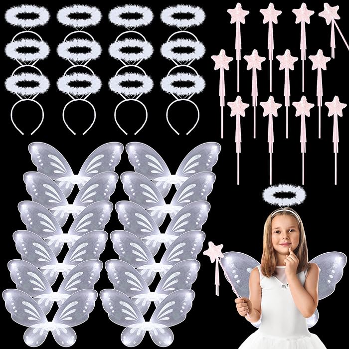 Photo 1 of Berlune 12 Set Christmas Angel Wings Headbands Wands 12 Butterfly Wings 12 Angel Headbands 12 Pink Star Wands for Christmas Children Nativity Costumes Kindergarten Church Nativity Advent