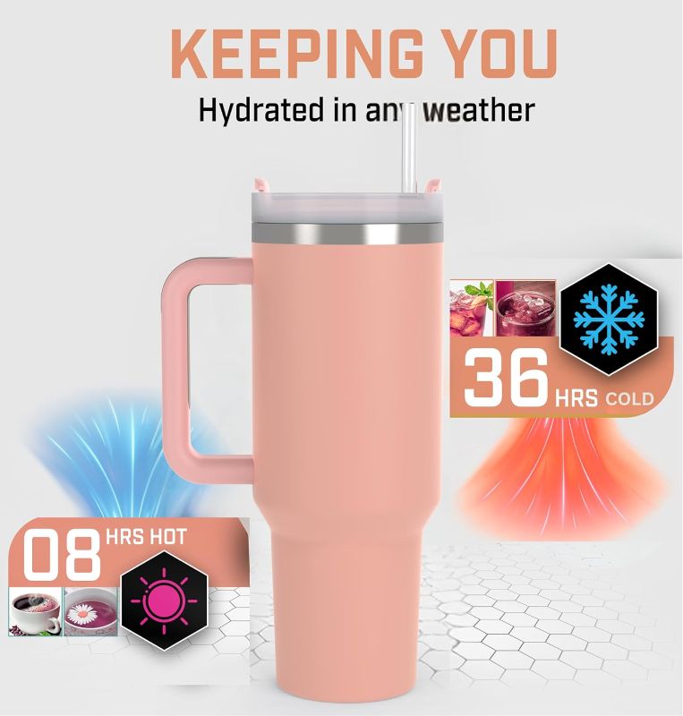 Photo 1 of 40 Oz Tumbler With Handle And Straw | Insulated Stainless Steel Travel Mug With Lid For Hot And Cold Drinks | Quencher| Leak Proof Spill Proof water bottle | Gift | Light Pink Iced Tea or Coffe
