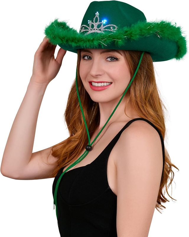 Photo 1 of Cowgirl Hat with Feather Trim - Blinking Tiara Cowboy Hats for Women - Felt Hats for Women for Cowboy Party, Cowgirl Party (Green)